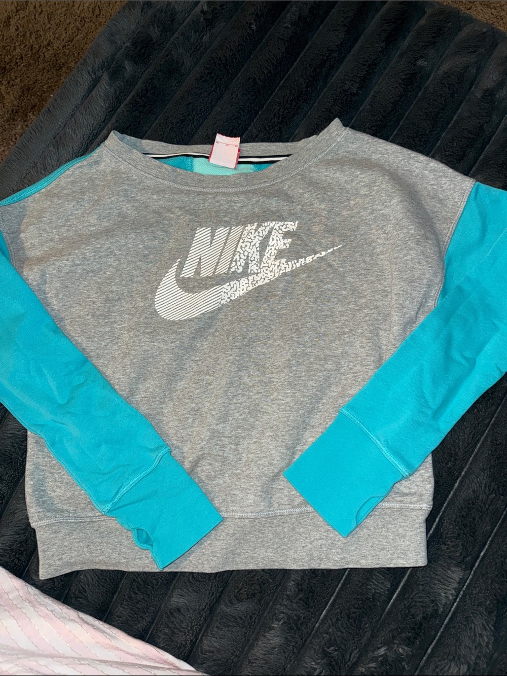 Nike Grey Sweatshirt with Teal Blue Sleeves and White Logo
